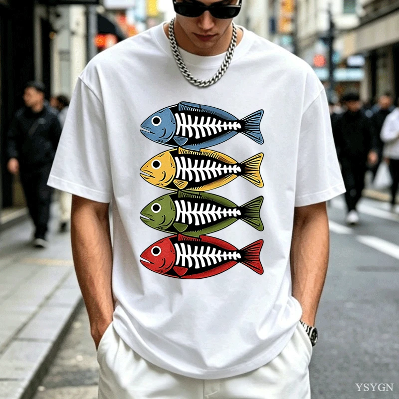 남성용 면 티셔츠, 레트로 스타일의 물고기 뼈 그래픽이 - Street Fashion For Short Guys 리뷰 및 가격